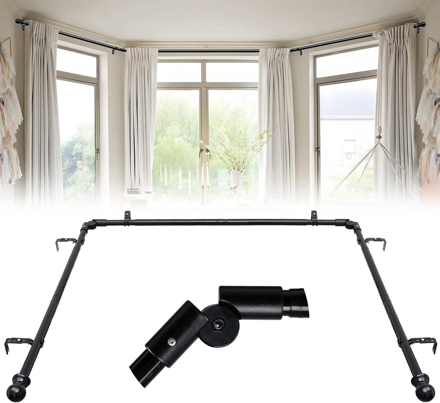 Bay Window Curtain Poles, Curved Curtain Pole for Windows 76 to 460 Cm 2 Elbows Included, 25 Mm Diameter Heavy-Duty Black Curtain Rod 3 Sided for Bedroom, Living Room Curtain Rods for Corner Windows