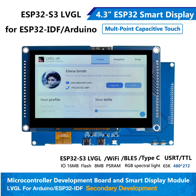 ESP32 S3 LVGL WIFI&Bluetooth TFT LCD Screen 4.3 Inch 800*480 Smart Touch Display with ESP32 Ar-duino Development Board