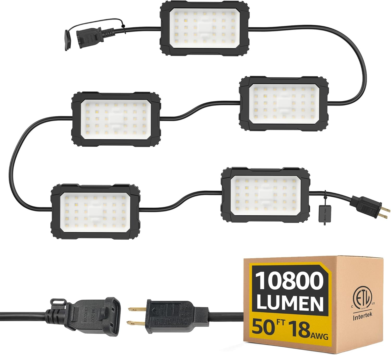 LED Work String Lights: Super Bright 90W 10800LM ETL Listed Linkable Waterproof Outdoor/Indoor Temporary Hanging Lighting for Construction Attic Jobsite Garage