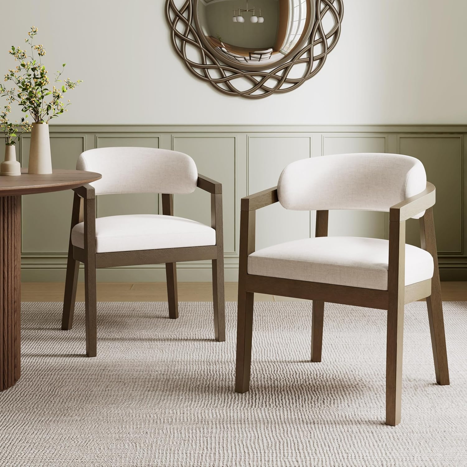 Set of 2 Lanford Fabric Upholstered Dining Chairs, Curved Backrest Kitchen Side Chair, Soft Padded Seat&Back Cushion, Solid Wood Armchair, Ergonomic Extra Seat, Beige+Walnut
