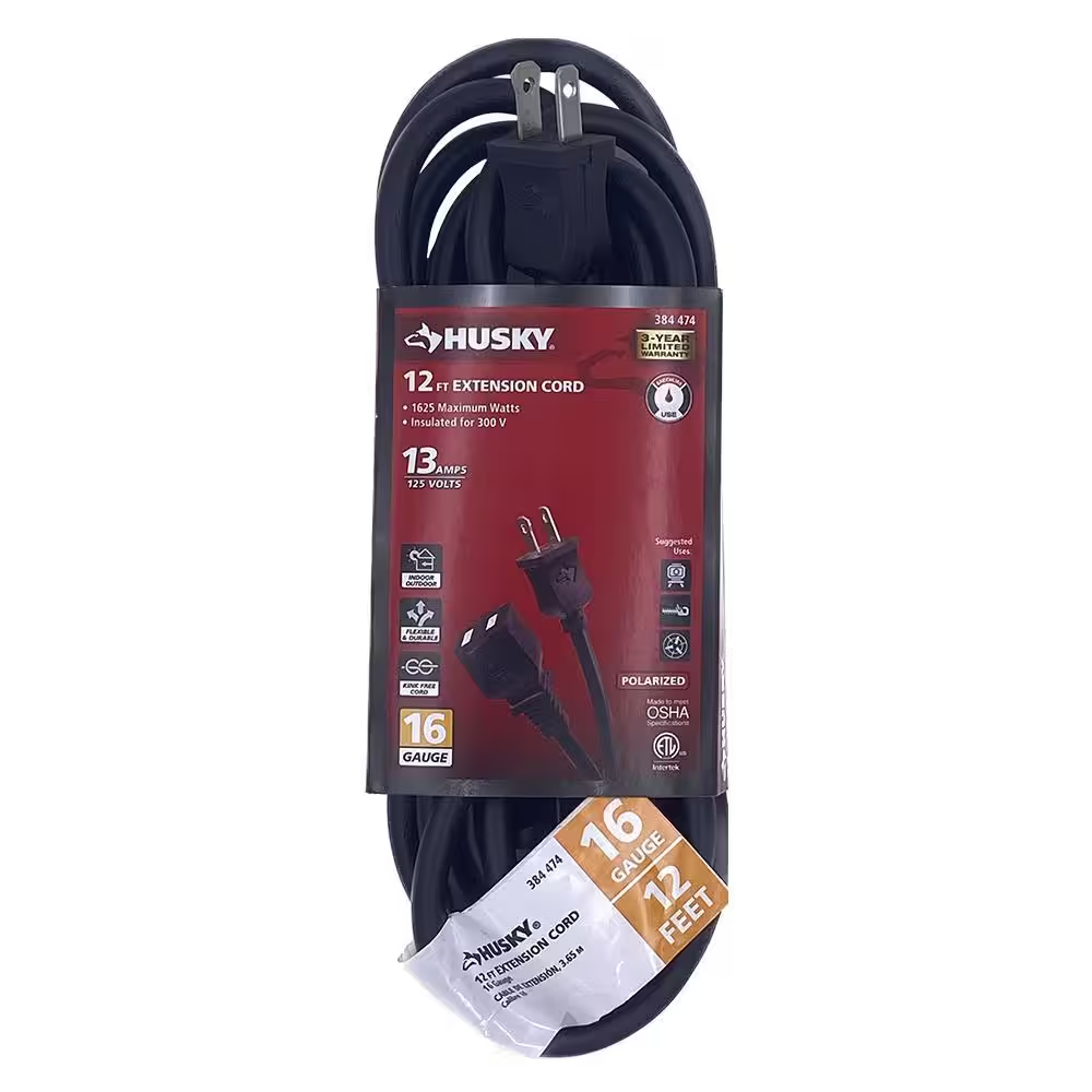 12 Ft. 16/2 Medium Duty Indoor/Outdoor Extension Cord, Black NEW