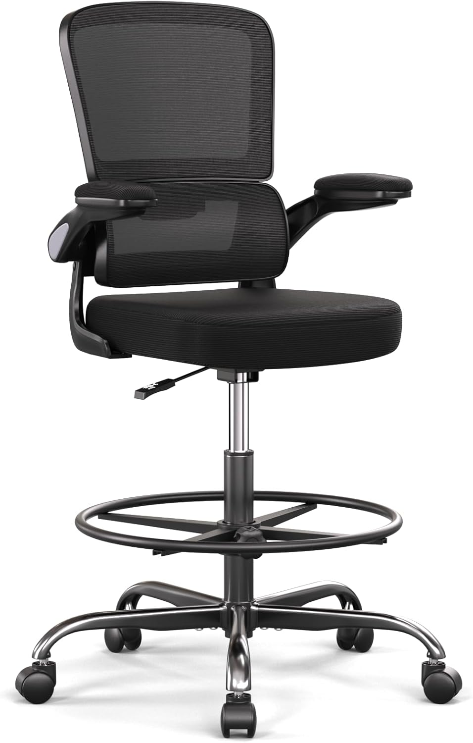 Ergonomic Drafting Chair with Footrest,Tall Office Chair for Standing Desk with Flip-Up Armrests with Breathable Comfy Mesh Support and Adjustable Foot Rest Ring(Black)