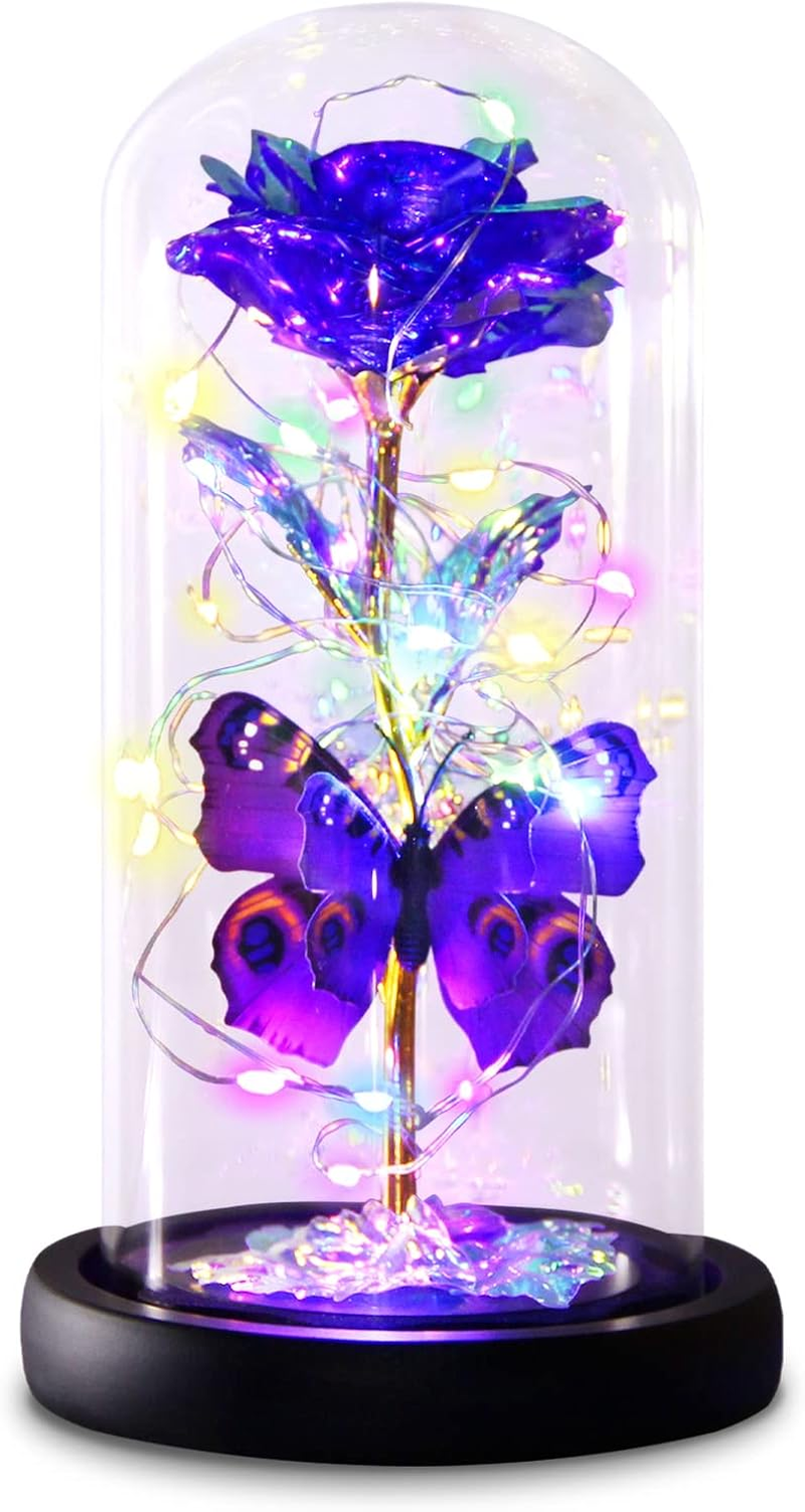 Mothers Day Rose Gifts for Mom, Galaxy Purple Butterfly Rose in Glass Dome, Light up Forever Roses Birthday Gifts for Women Mom Grandma, Eternal Rose Gift for Her Valentine Mothers Anniversary