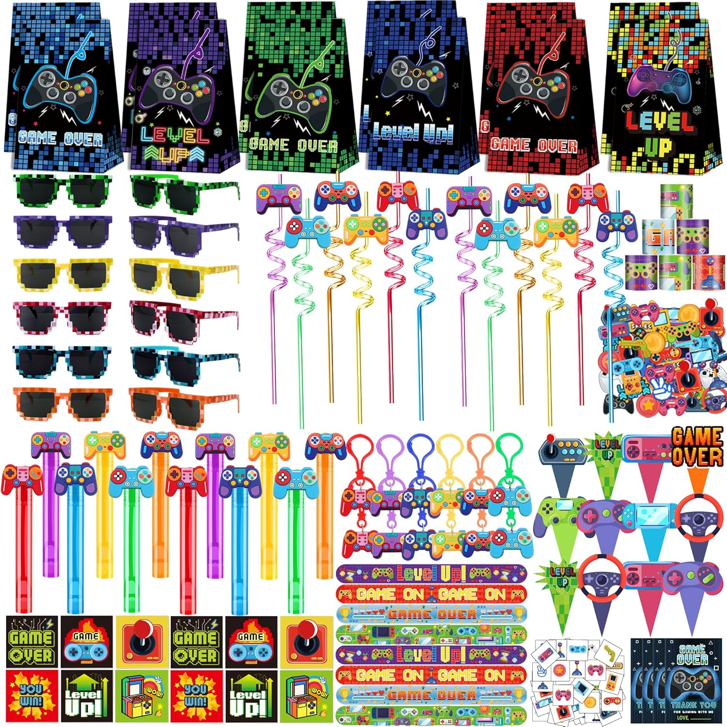 320PCS Video Game Party Favors for Kids-Including Goodie Bags, Glasses, Straws, Bubble Wands, Stickers, Cake Toppers, Tattoos & More-Perfect for Theme Party Decorations & Piñata Fillers