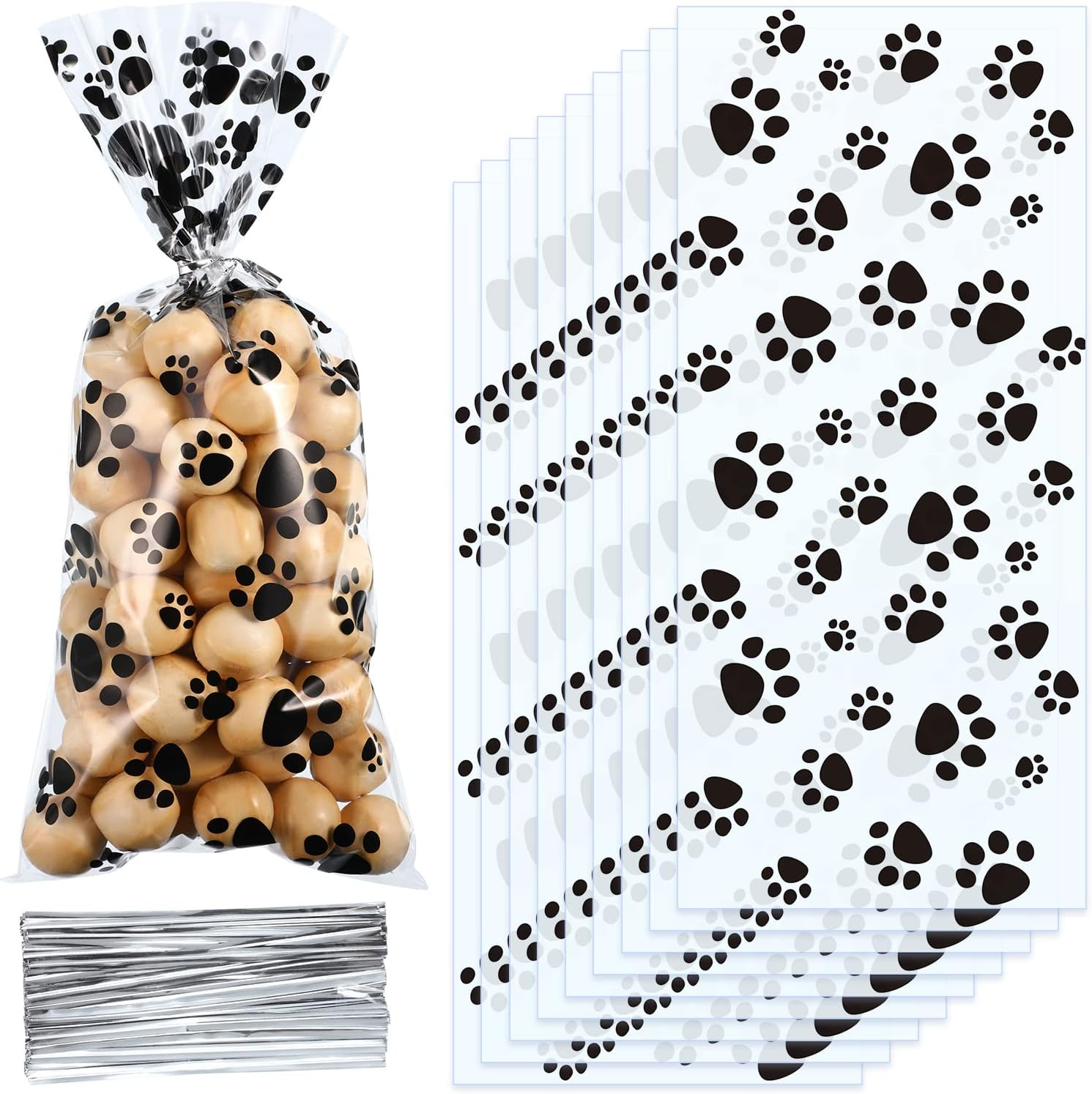 200 Pet Paw Print Cellophane Bags, Heat Sealable, Gift Bags, Black w/ Twist Ties