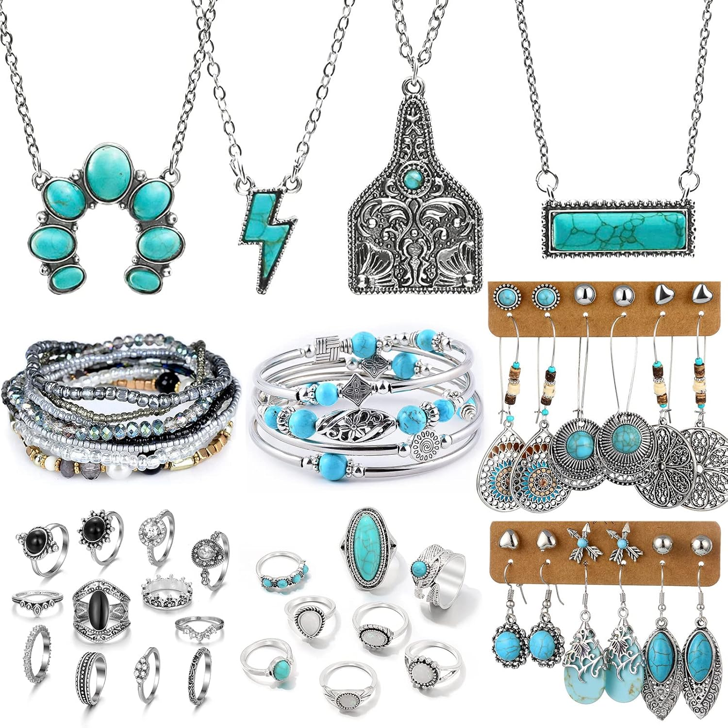 47 PCS Silver Bohemian Jewelry Set with 4Pcs Turquoise Necklace,12 Pairs Dangle Earrings, 11Pcs Stackable Bangle Bracelets, 20Pcs Knuckle Rings for Women Vintage Western Boho Turquoise Anniversary Birthday Friendship Gift