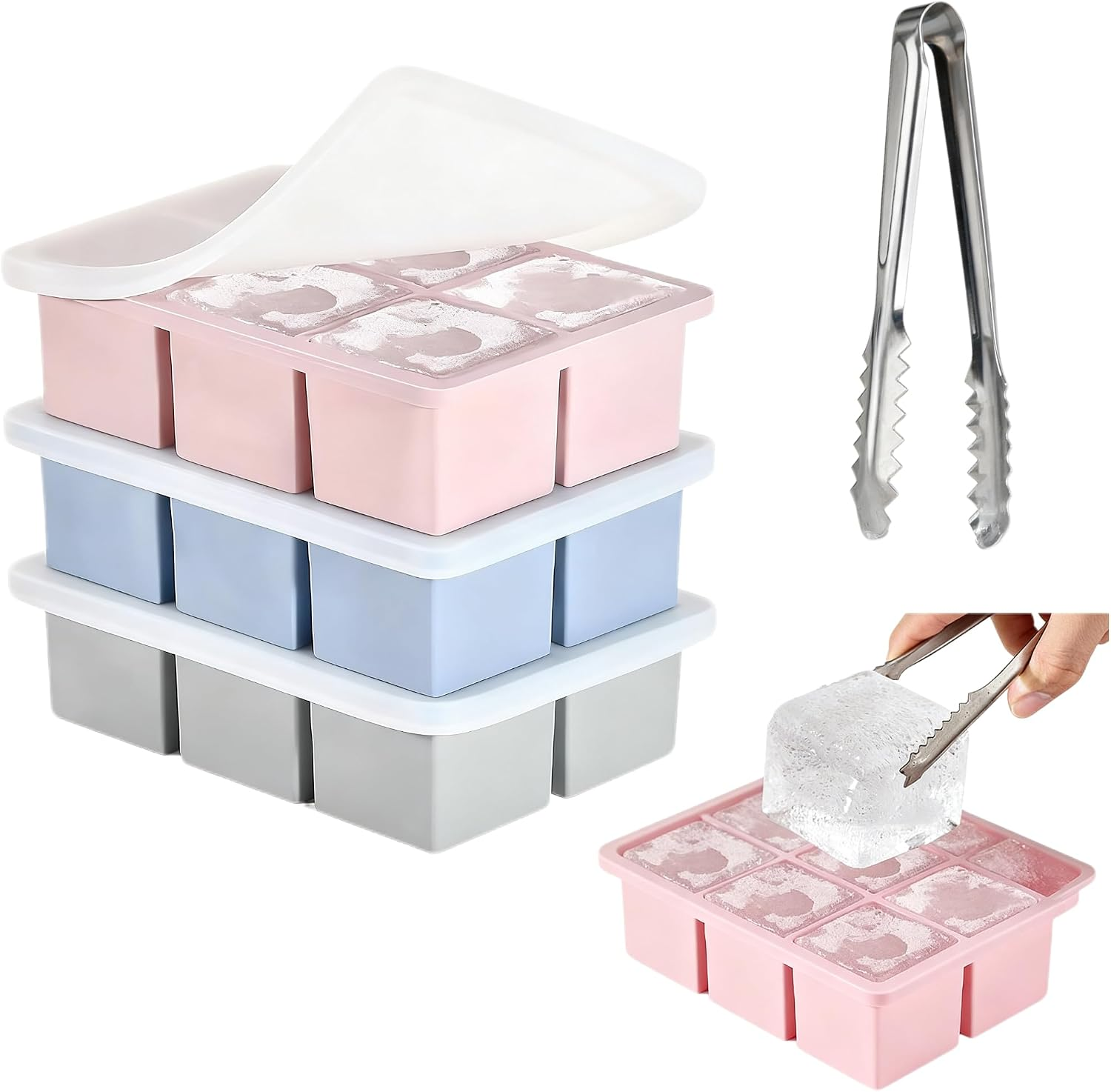 4 Pack Lidded Silicone Ice Cube Trays with Tongs Stackable Ice Molds