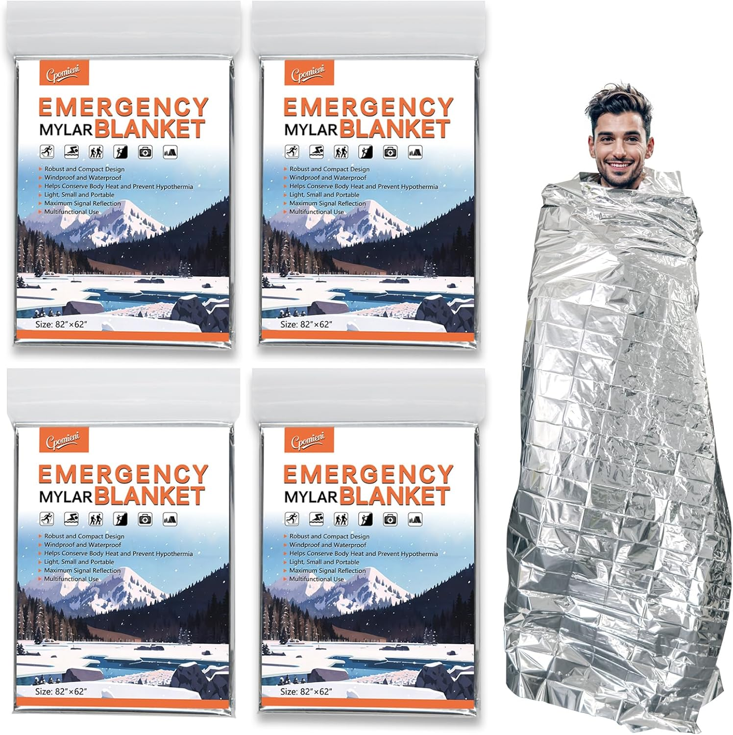 4 Pack -Large 82” X 62” Survival Emergency Mylar Thermal Blankets, Thermal Survival Blanket Perfect for Camping, Hiking, Body Insulation, Outdoors, Car Survival Kit, Bug Out Bag