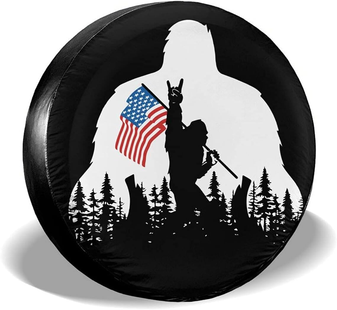 Bigfoot American Flag Camping Spare Tire Cover Wheel Protectors Weatherproof Wheel Covers Universal Fit for Trailer Rv SUV Truck Camper  Trailers Accessories 14In