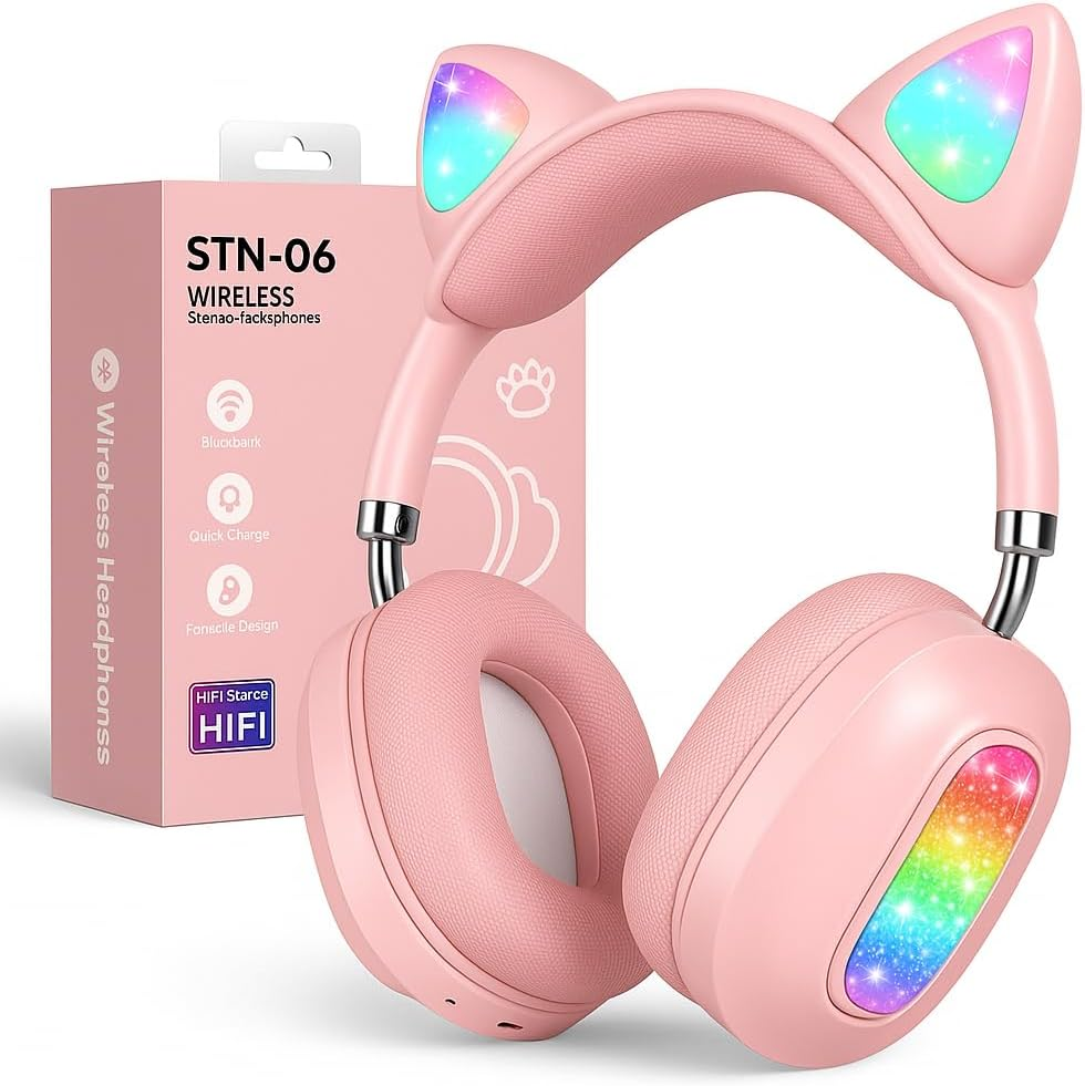 Kids Cat Ear Bluetooth Headphones LED Wireless Headset Pink w Mic