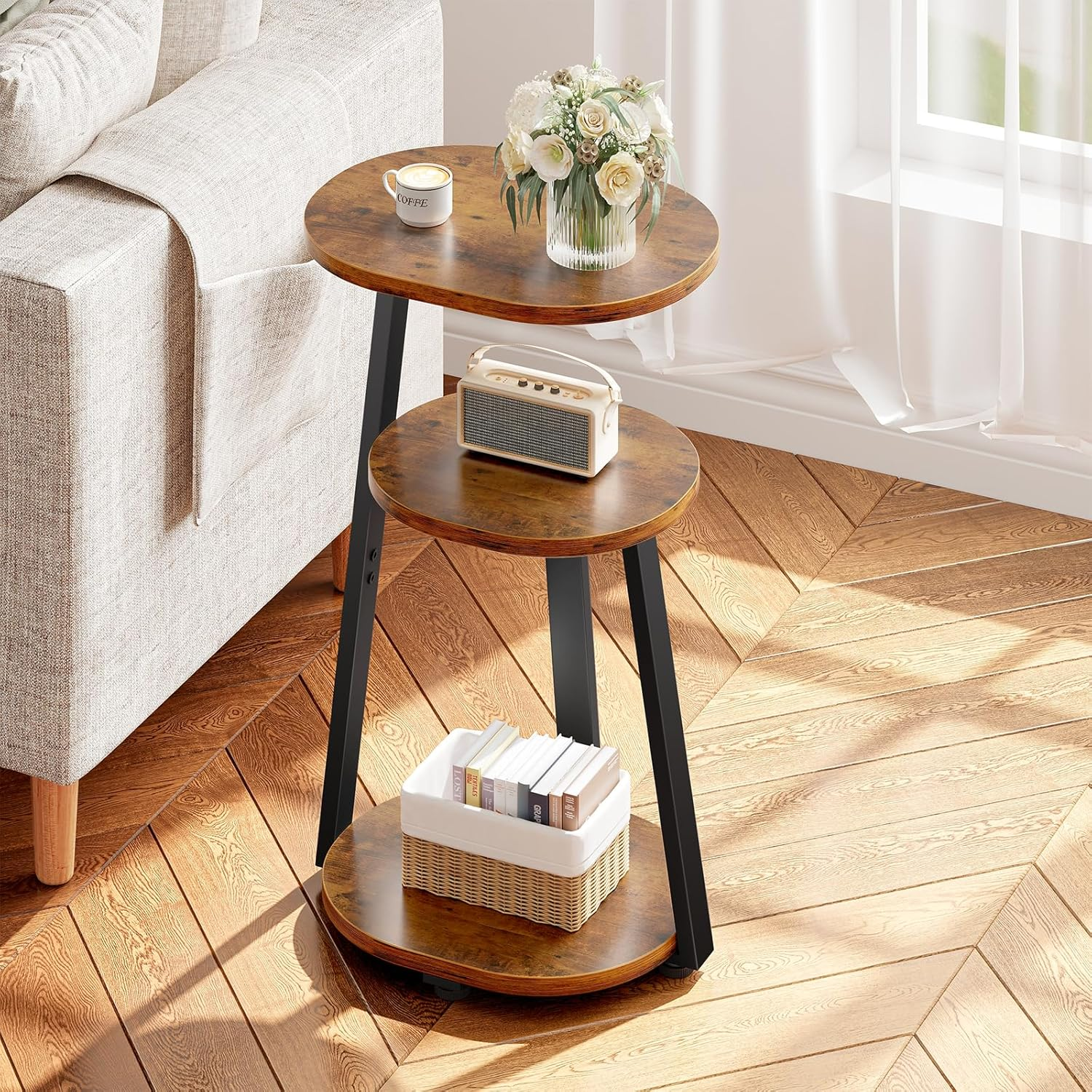 Side Table Small End with Metal Frame 3-Tier Bedside Tables round for Living
