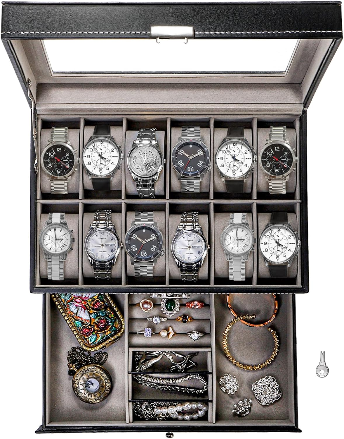 12 Slot Watch Box Display Case with Glass Lid 2 Layers Lockable Holder Organizer