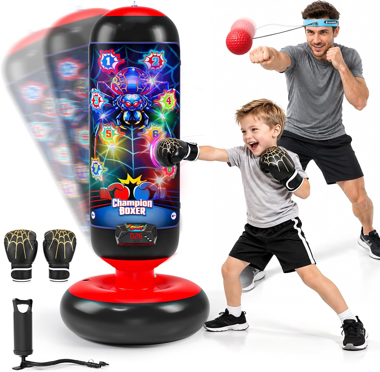 Punch Bag for Kids, Boxing Bag with Reflex Ball, Music Mat, Boxing Gloves