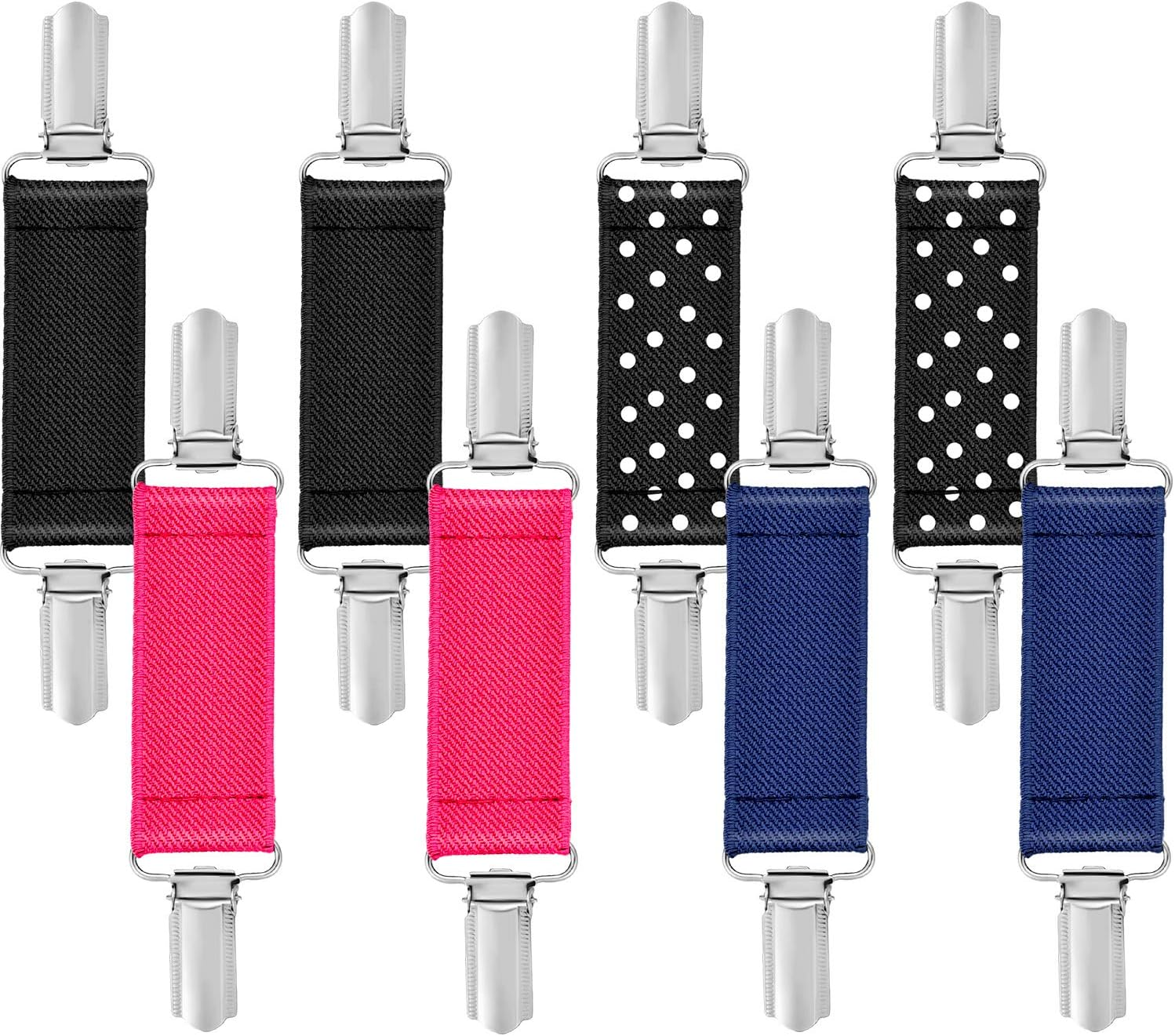 8 Pieces Mitten Clips Elastic Gloves Clips for Kids Stainless Steel Gloves Strap (Black, Dark Blue,Black with White Dots and Rose Red)