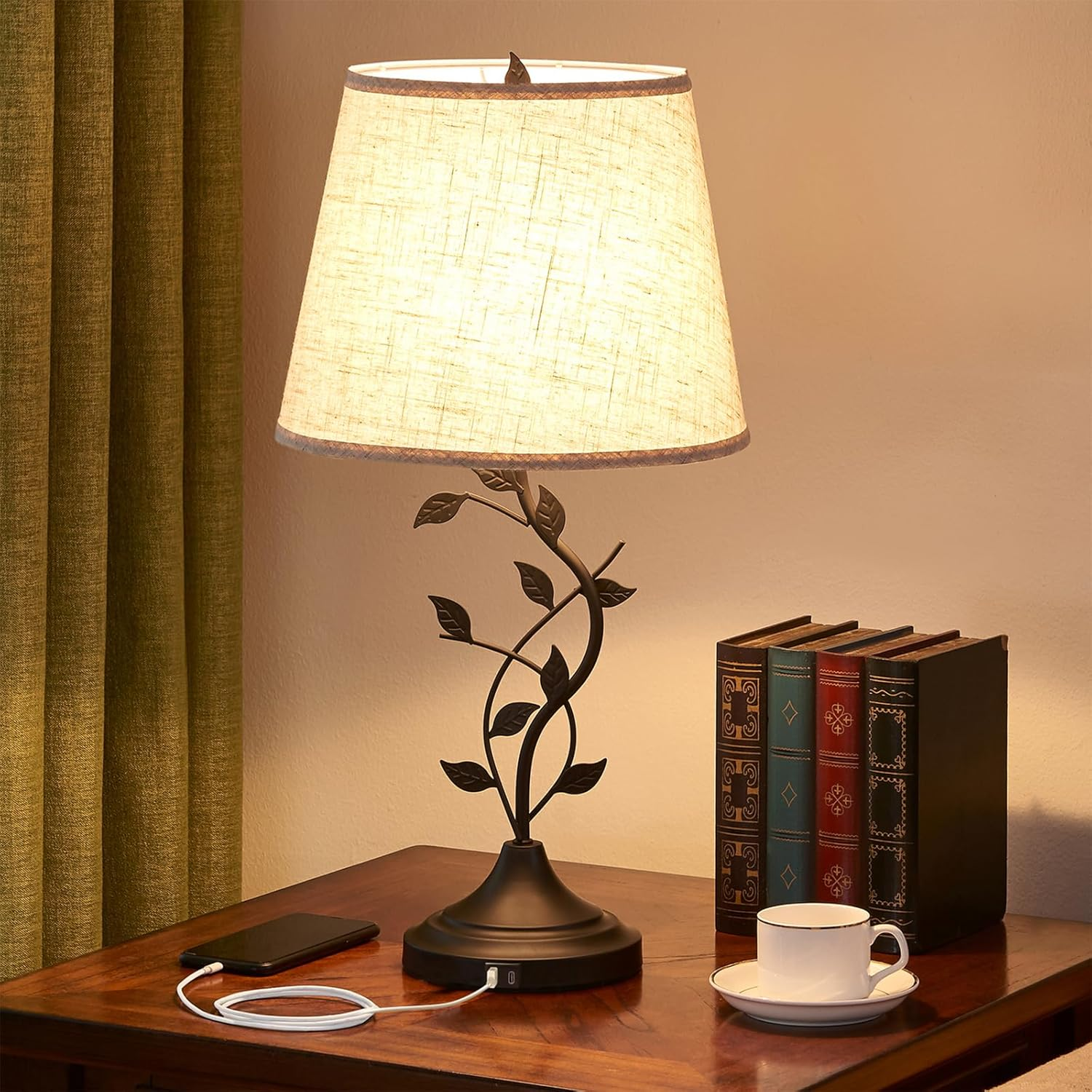 Table Lamp for Bedside, Lamp for Living Room with USB-A and USB-C Charging Ports, Traditional Tall Bedroom Lamp for End Table