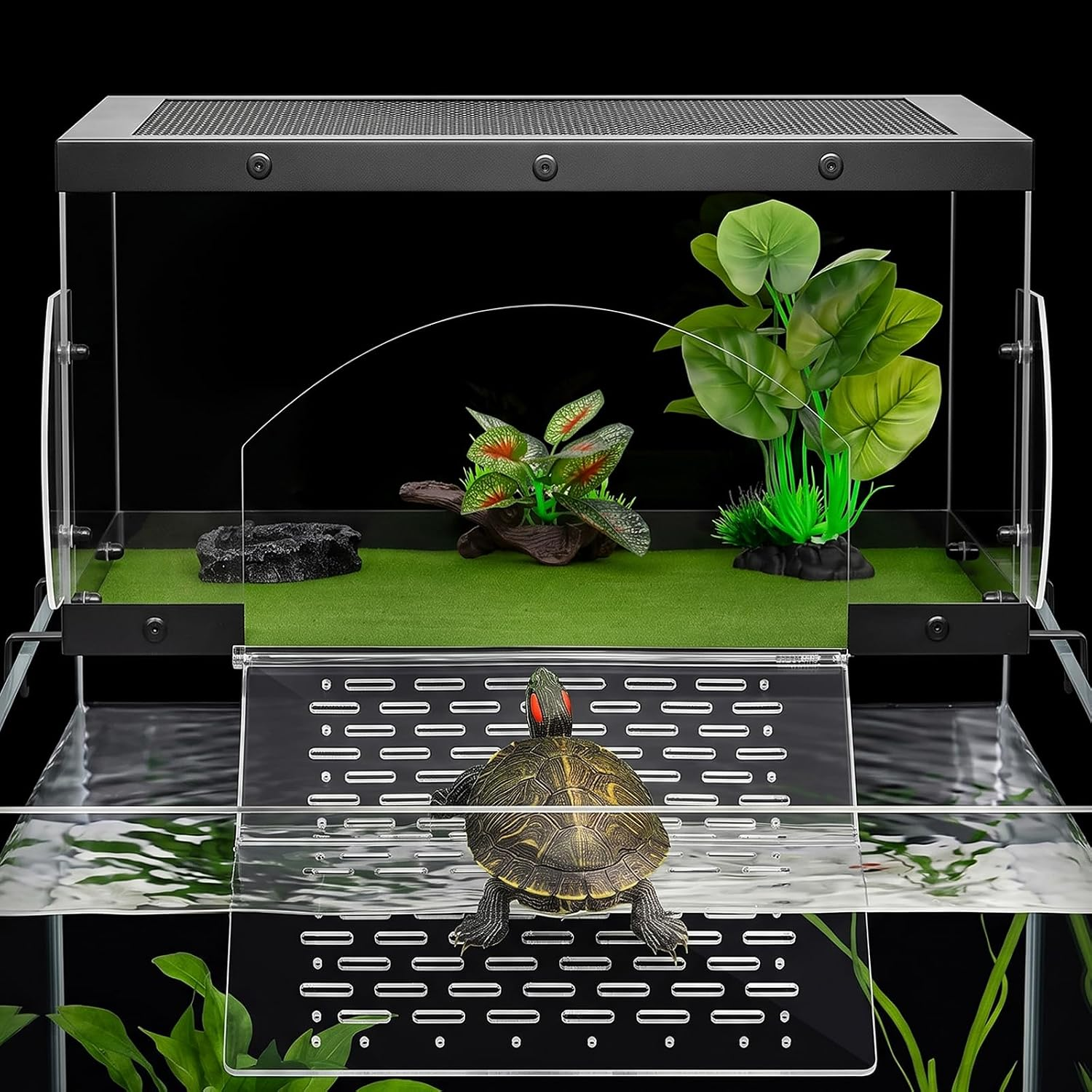 Turtle Basking Platform with Kit for Red Eared Slider Extra Large | Top Mounted Hanging Dock Escape-Proof Design Turtle Elevated Basking Loft Area Slip-Resistant Ramp Fits 18-24'' Wide Aquarium