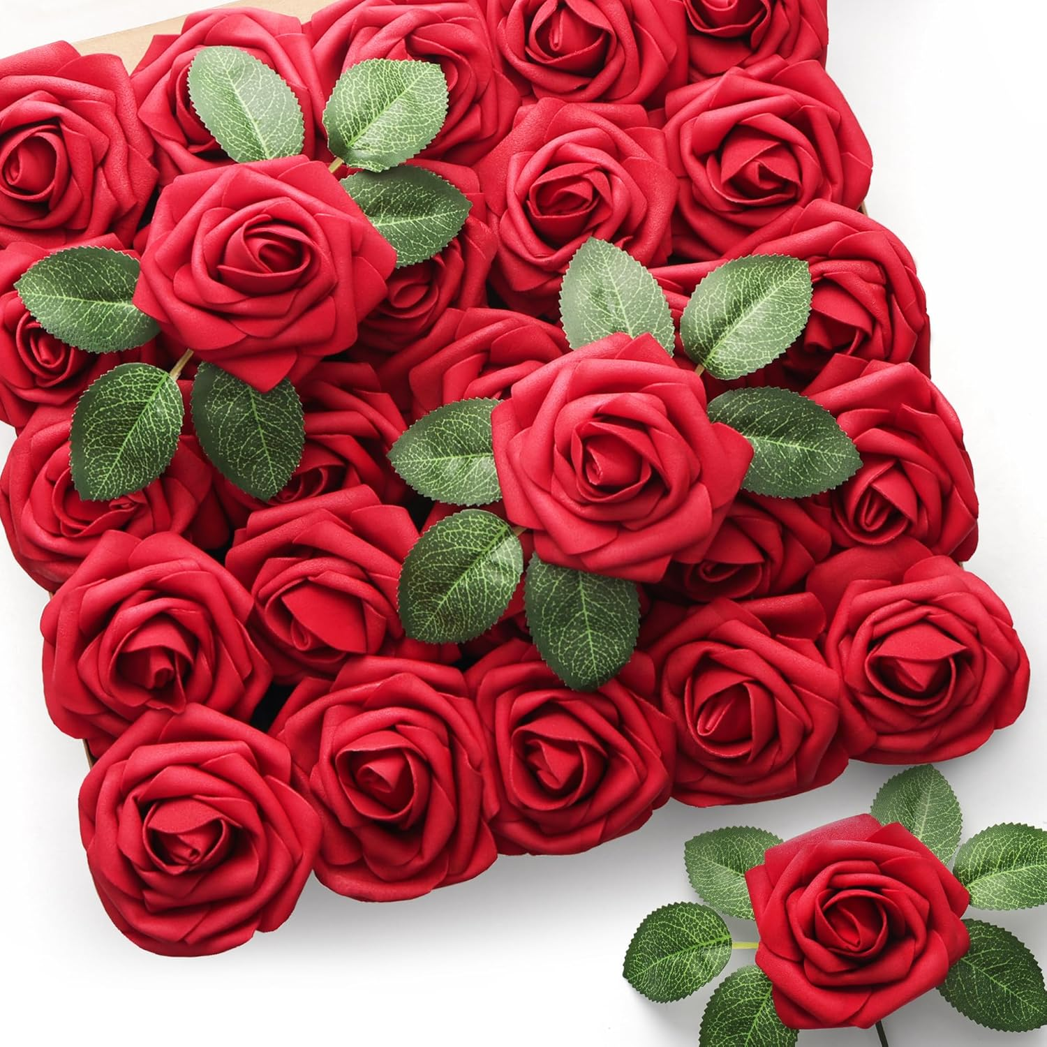 50Pcs Red Roses Artificial Flowers Bulk, Red Roses for Decorations, Real Looking Fake Foam Roses Bulk with Stems DIY Wedding Bouquet Faux Floral Arrangement Bride Shower Party Home Table Decor