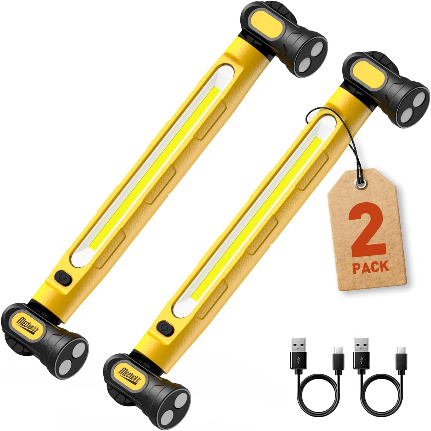 2Pack  under Hood Work Light Bar, 3000LM LED Magnetic Light Bar with Hooks, 5200Mah Cordless Rechargeable Hood Light for Mechanic/Car Repairing/Garage-Yellow