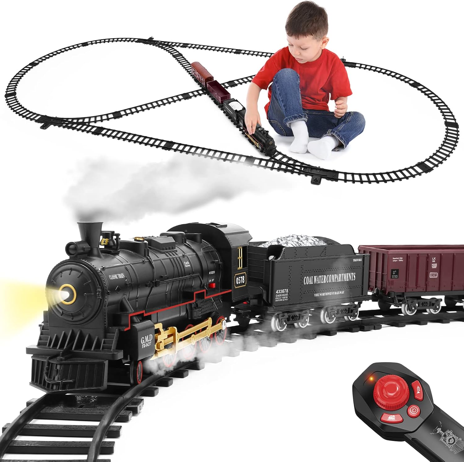 Train Set with Remote Control,Electric Train Track around Christmas Tree W/Cargo Vehicle,Light & Sounds,Alloy Steam Locomotive Engine Train Toy Gift for Boys Girls 4 5 6 7 8 9 10
