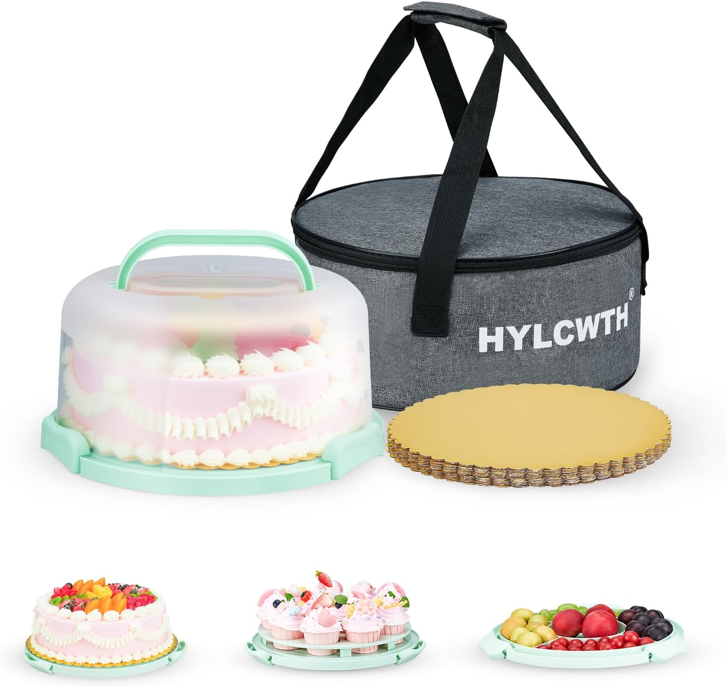 Cake Carrier with Lid and Handle, Bpa-Free Cake Holder with Lid for 10 Inch round Cake Carrier with 10 Pcs round Golden Cake Boards and Portable Insulated Bag