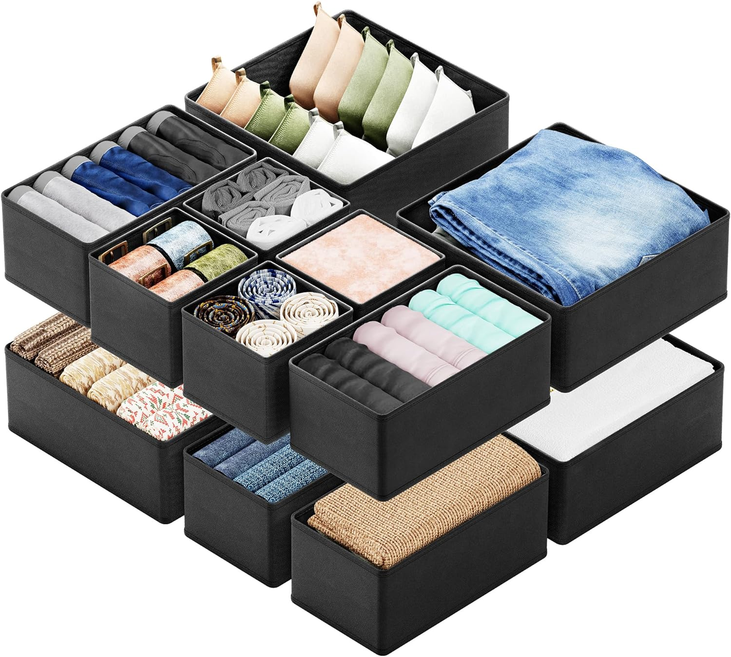 Drawer Organizer Clothes, 12 Pack Dresser Organizer Bins for Nursery, Closet Organization and Storage Dividers for Clothing, Baby Clothes, Underwears, Socks (Black)