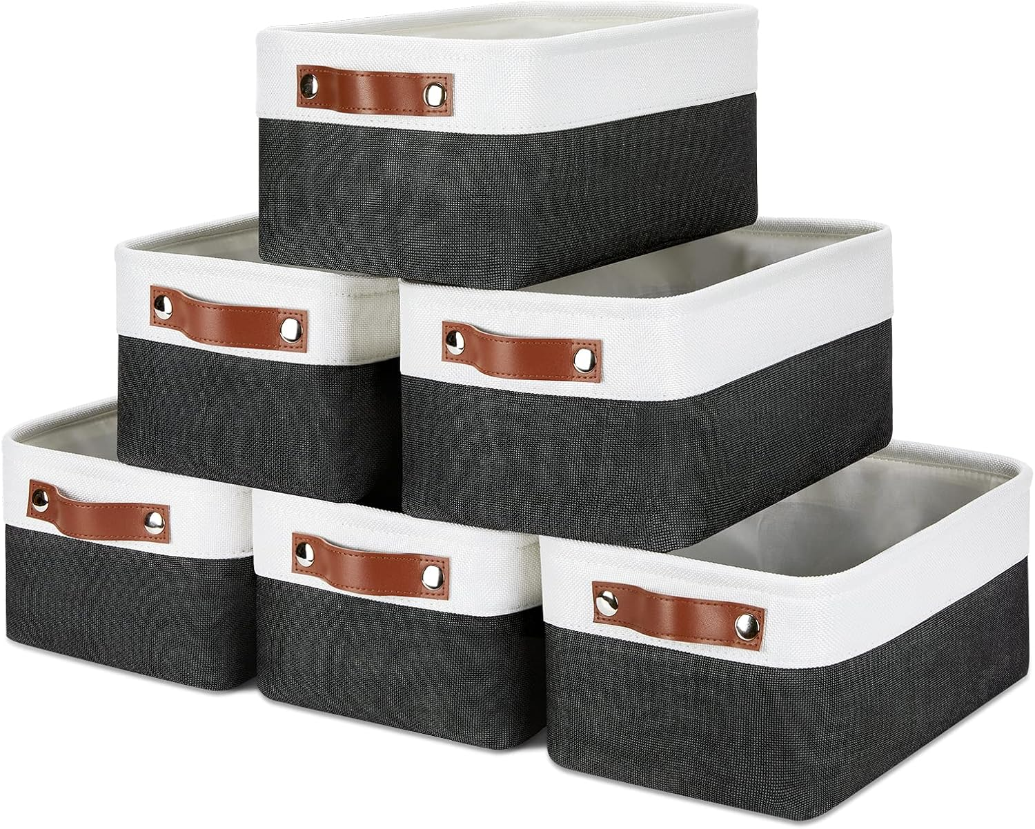 Small Storage Baskets 6 Pack, Fabric Collapsible Gift Storage Baskets for Shelves, Closets, Nursery, Home, Office Organizing,Small Canvas Linen Rectangular Storage Bins (White&Black)