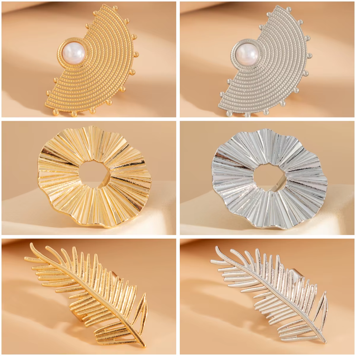 Designer Geometric Fan-Shaped Feather Metal Big Ring for Women Trendy Lady Party Imitated Pearl Finger Ring Fashion Jewelry Gift