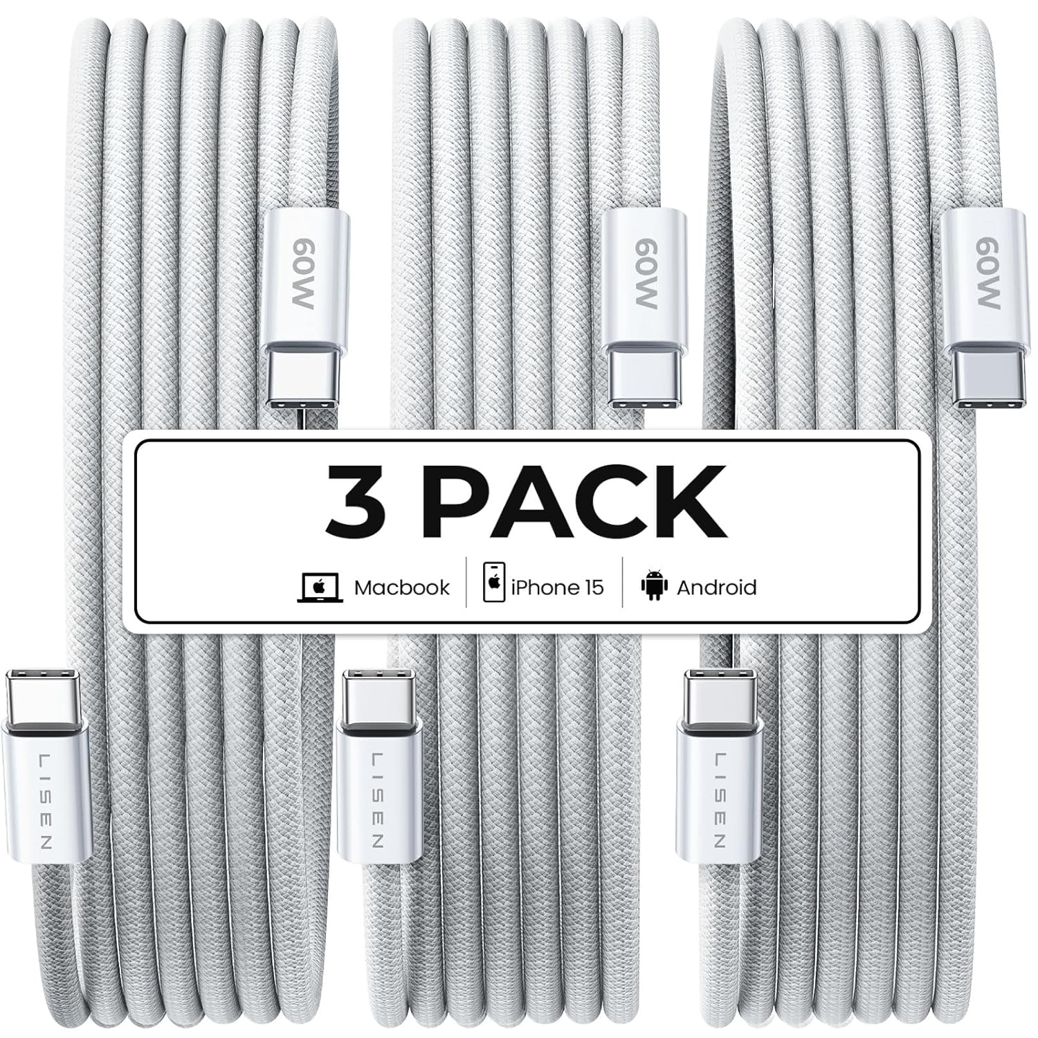 LISEN for Iphone 16 15 USB C to USB C Fast Charging, 60W USB C Cable Type C Fast Charging Cable for Iphone 16 15,Samsung Galaxy S25 Ultra plus S24 S23 Ipad Pro 13 12.9Inch, Ipad Air 5,White 3Pack 6FT