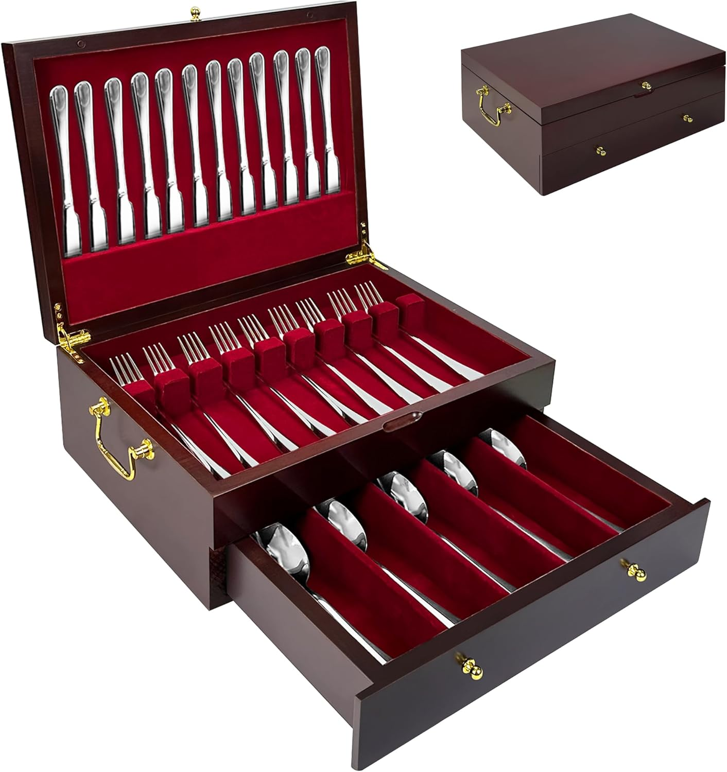 Silverware Storage Box Solid Wood with Lid, 2 Layer Silverware Storage Chest, 15.5'' ×11.5'' Silverware Organizer with Handle and Felt Lined, Chest for Flatware Setting up 30