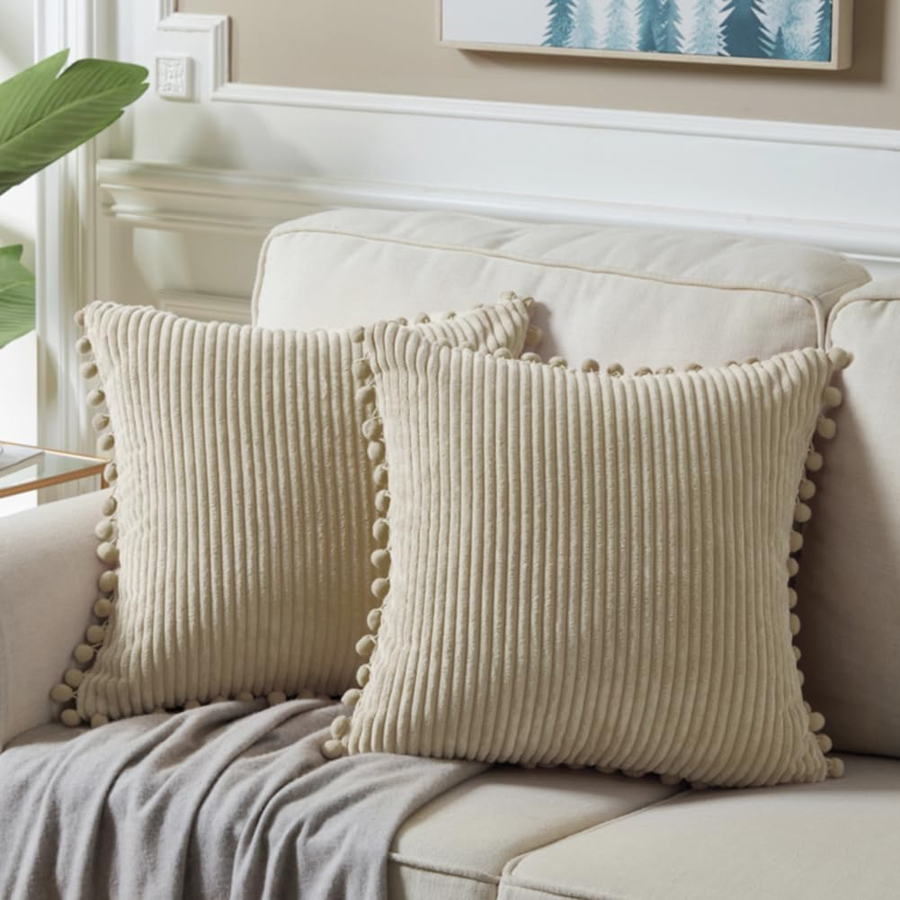 Pack of 2 Tan 20x20 Inch Decorative Throw Pillow Covers with Pom-poms, Soft Corduroy Solid Square Cushion Cases Set for Living Room Couch Sofa Bedroom Car (20x20 Inch/50x50 cm, Khaki)