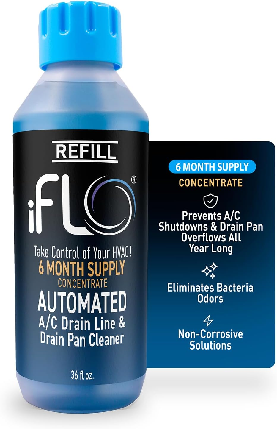Iflo® Smart A/C Drain Line Cleaner and Drain Pan Cleaner Cartridge Concentrate, Fast-Acting, Long-Lasting HVAC System Solution for Tough Clogs & Buildup, 6-Month Supply per Bottle, 1 Pack of 36Oz