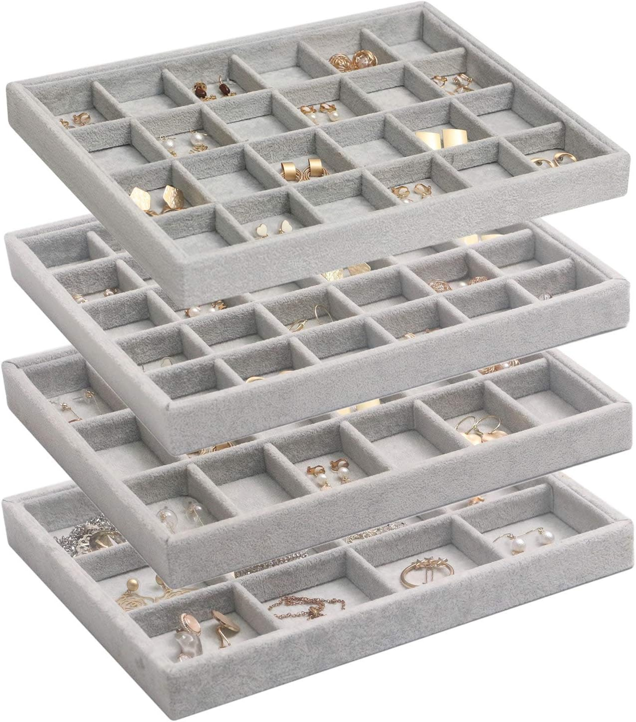 Set of 4 Stackable Velvet Jewelry Trays Organizer, Jewelry Display Storage Box Showcase Holder Dresser Drawer Organizer for Earring Necklace Bracelet Ring Accessary, Grey