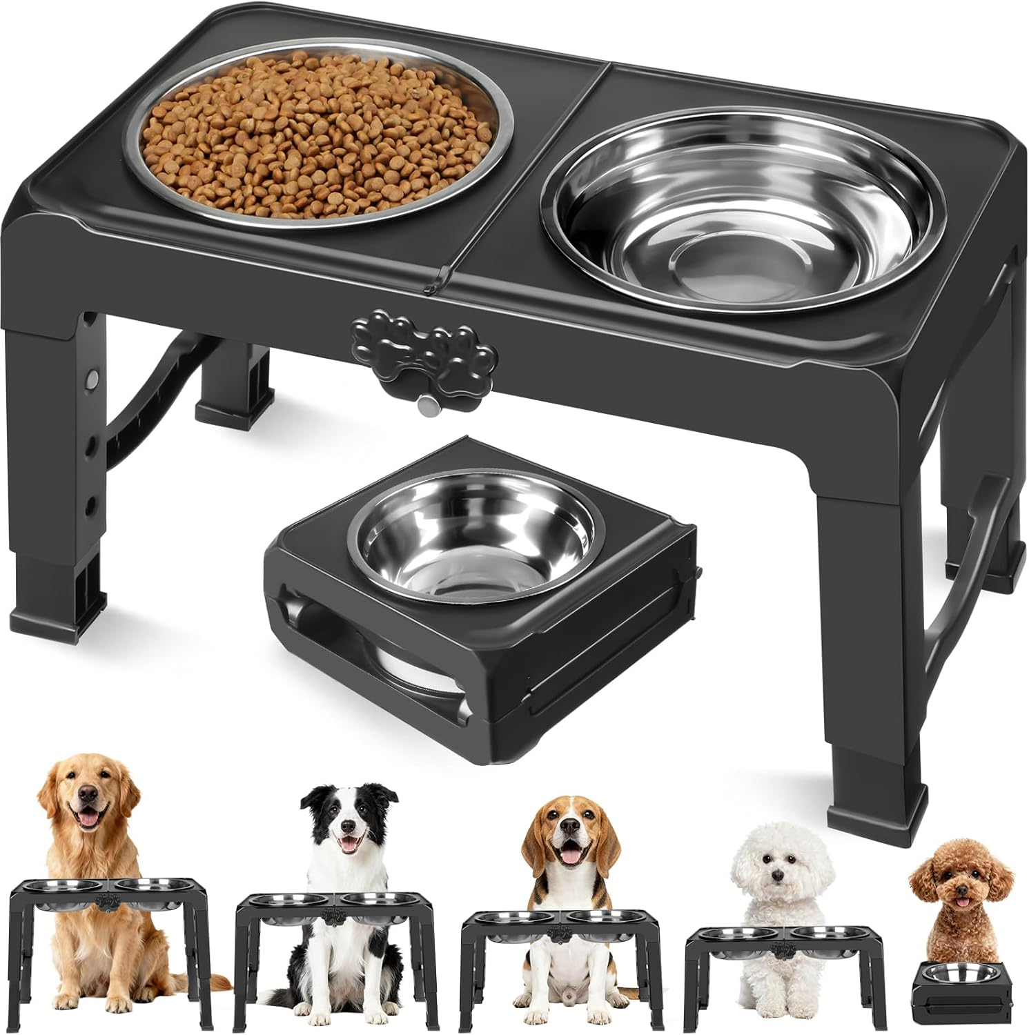 Elevated Dog Bowls, 5 Adjustable Heights (3.9"-13.4") Raised Dogs Food Bowl 
