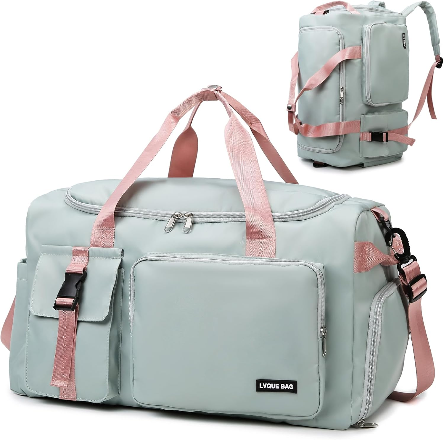 Gym Duffle Bag for Women Men, Sports Backpack with Wet & Shoe Compartment, Fitness Overnight Weekender Bag for Yoga, Swim, Travel (Style B, Greenpink)