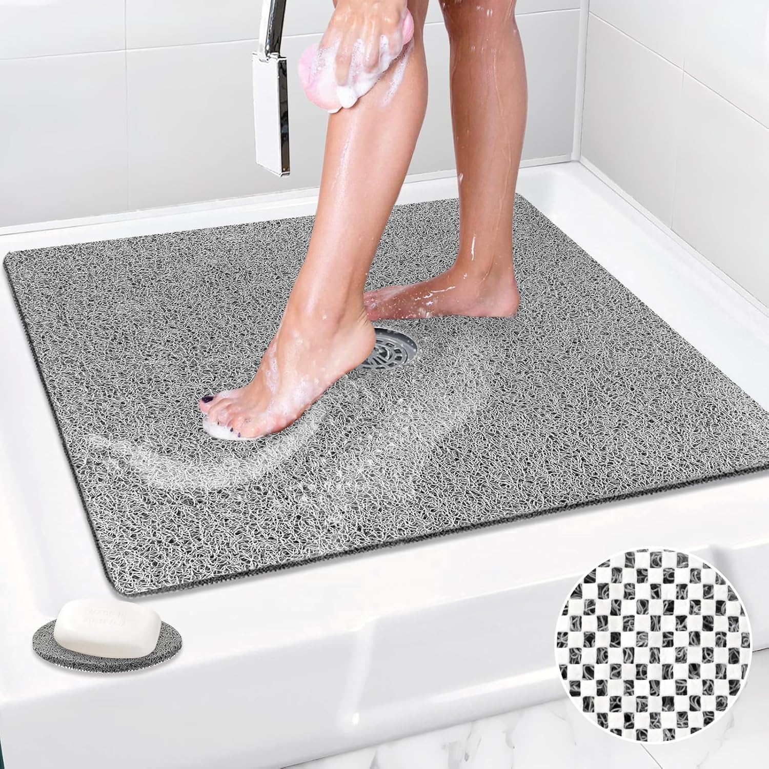 Shower Mat Non Slip: 31X31 Inch Extra Large Square Shower Mats with Drain Hole in Middle - Soft Loofah Quick Drying Matt for Shower Stall