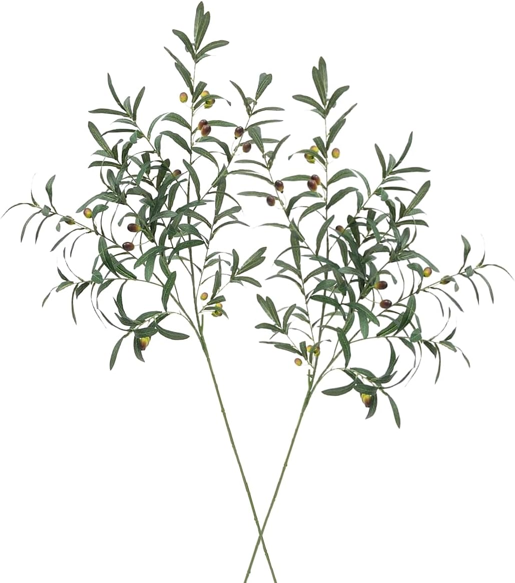 Artificial Plants Olive Branches 39" Tall Fake Plants Olive Leaf Stems Tree Branch Green Plant Faux Olive Greenery Plants for Vases Wedding Home Decor (2 Pcs)