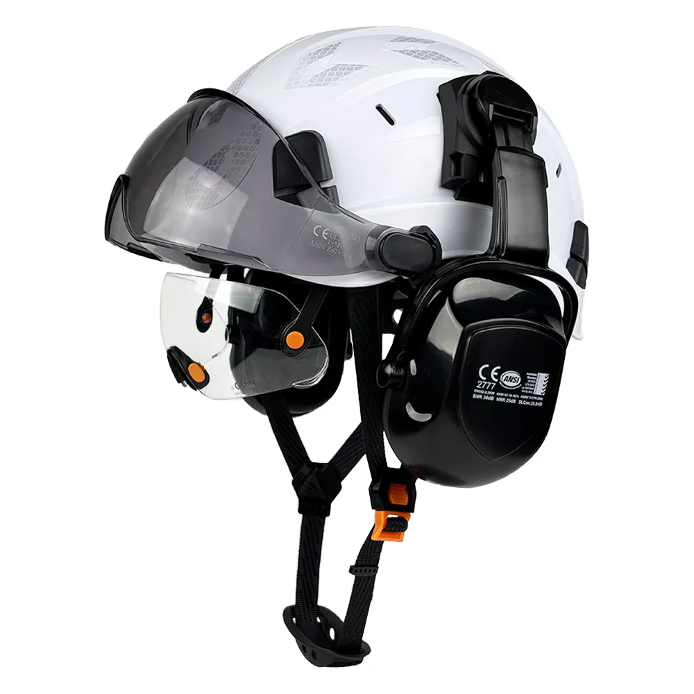 CE Construction Safety Helmet W/ Built in Goggles Earmuffs Reflective Stickers Hard Hat W/ Visor Adjustable Vented ABS Hardhats