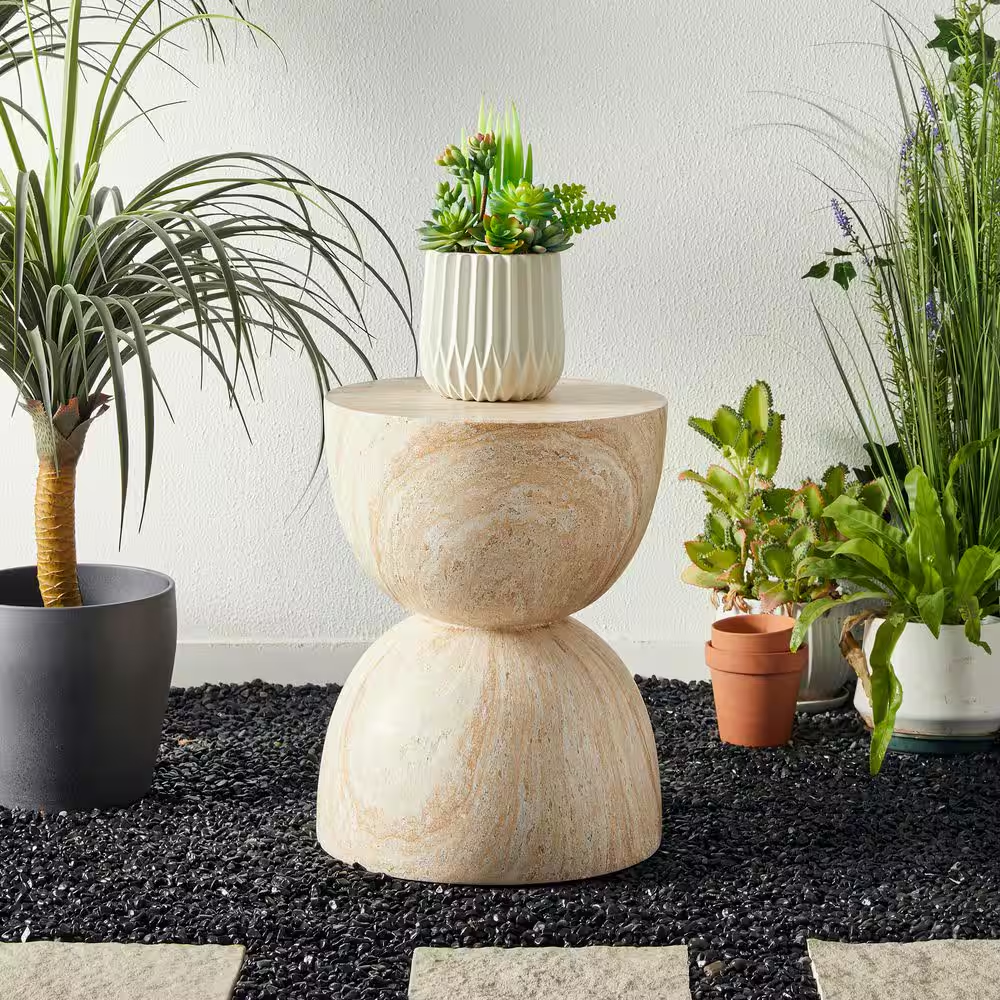 17.75 In. H Kits and Accessories MGO Hourglass-Style Faux Travertine Garden Stool or Planter Stand or Accent Table