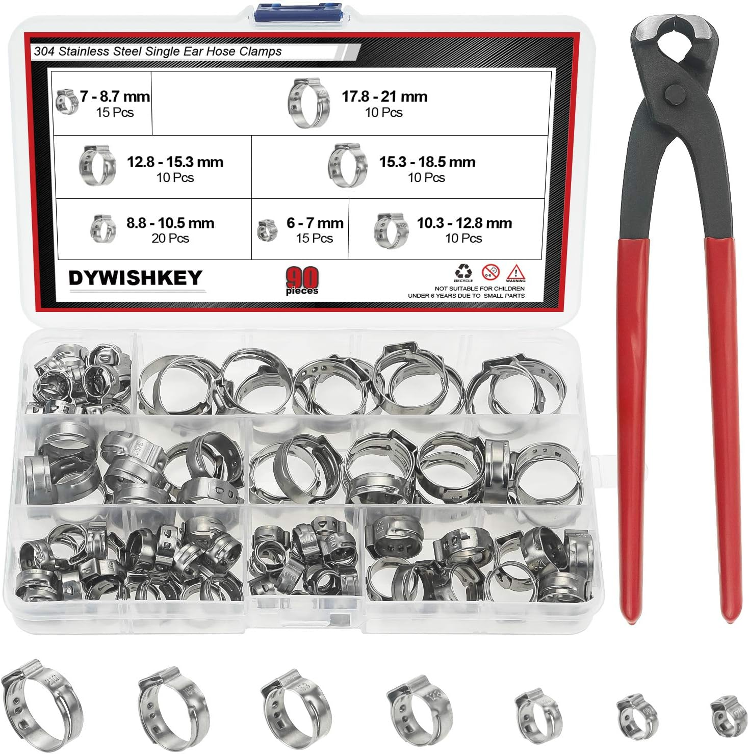 90-Piece 304 Stainless Steel Single Ear Hose Clamp Kit 6-21mm Pliers